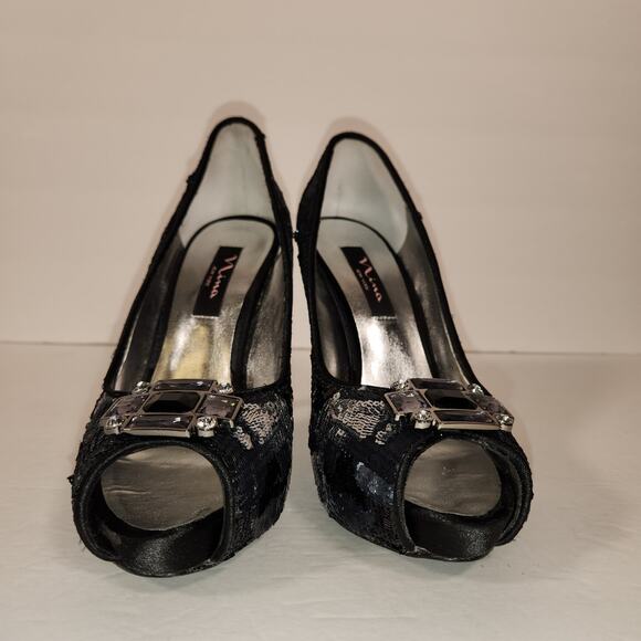 NINA NEW YORK Evan Heel Womens 8M Black Silver Sequins Satin Platform Peep Toe - Picture 4 of 11